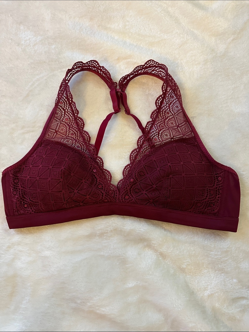 ADRIENNE VITTADINI Burgundy Lace Bralette Removable Pads SzLg Feminine NWOT